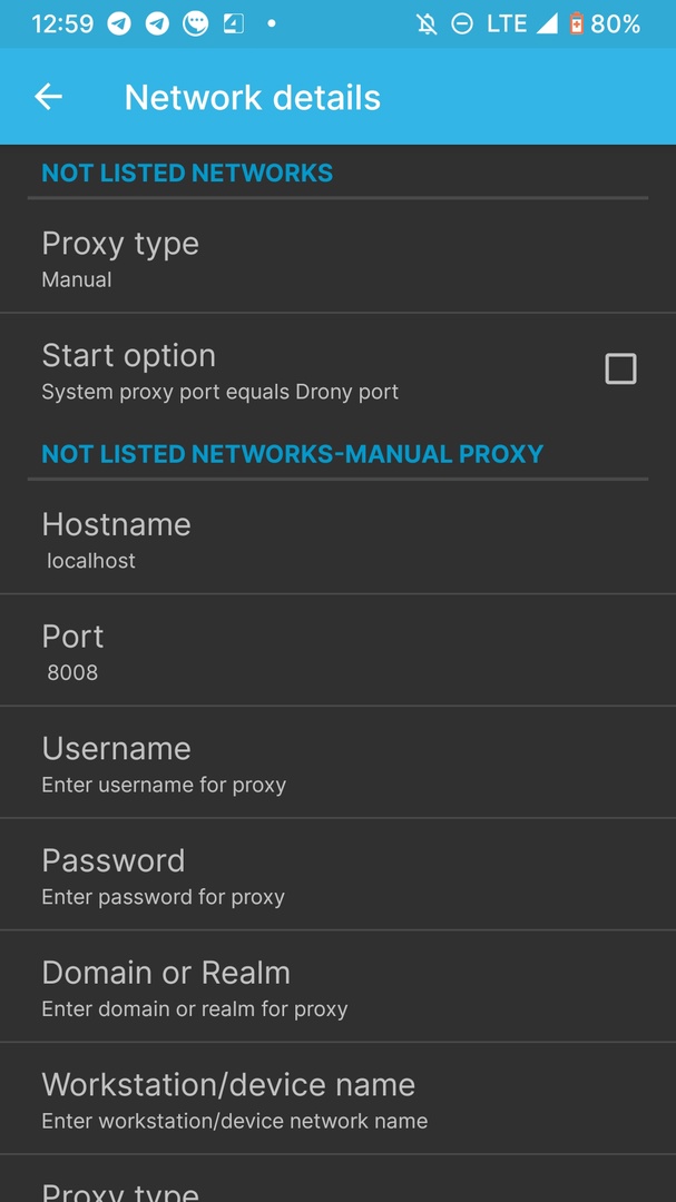 2. Выбираем Hostname localhost и порт 8008, proxy type - manual